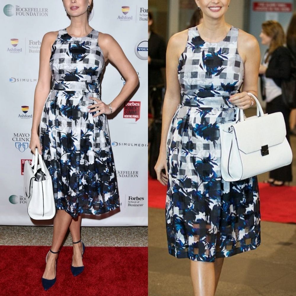 Ivanka Trump Gingham Floral Knee Length Dress in Cobalt